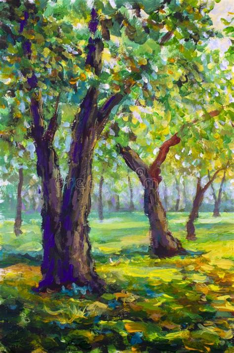 Original Oil Painting On Canvas Wood Park Road Sunny Landscape Modern