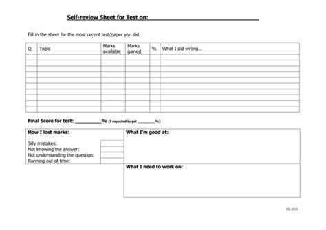 Self-Review Sheet | Teaching Resources