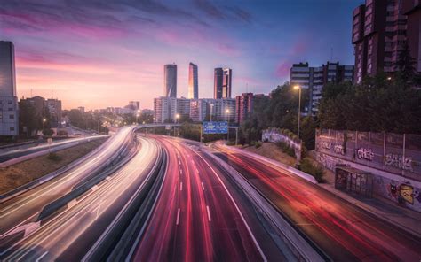 Download Wallpapers Madrid Sunset Skyscrapers Cityscape City Lights