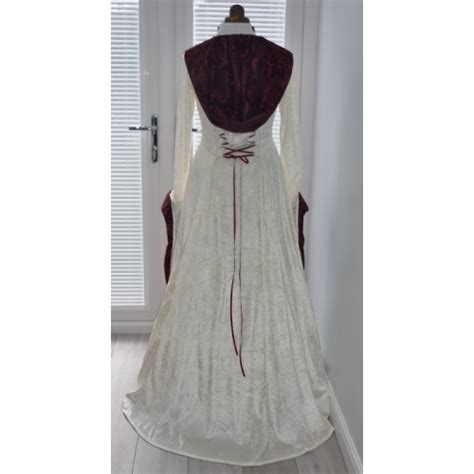 Pagan Medieval Cream And Burgundy Hooded Wedding Handfasting Dress