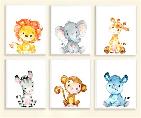 Set Of 6 Safari Baby Animal Prints Baby Boy Nursery Baby Girl Nursery