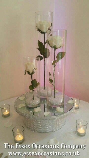 3x Tall Cylinder Vase With Single Ivory Roses On Our Crystal Mirror
