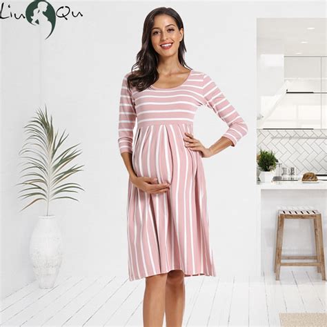 Women Summer Casual Striped Maternity Dresses Clothes Short Sleeve Knee