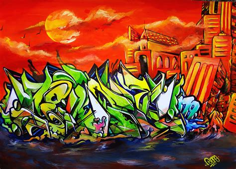 A Painting Of Graffiti On The Side Of A Building In Front Of A Red Sky