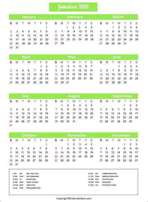 Free Printable Jamaica Calendar 2022 With Holidays