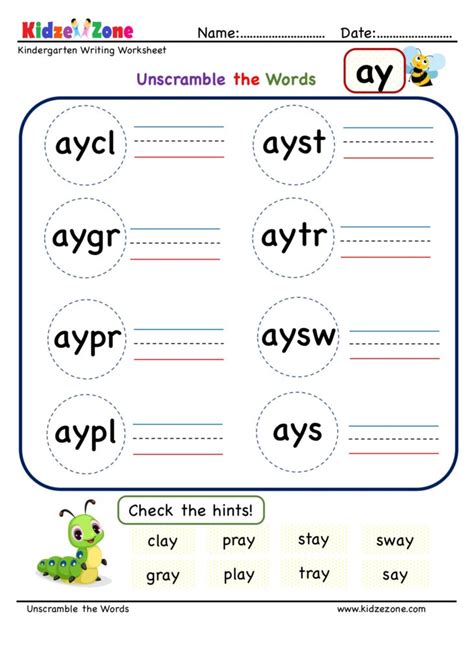 Unscramble worksheets help children with reading and word recognition skills. Kindergarten ay word family Unscramble worksheets