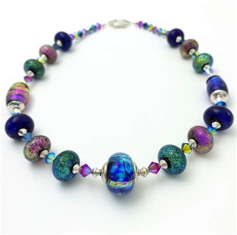 Dichroic Bead Glass Necklace Handmade Glass Beads Sterling Silver Swarovski Crystal Magnetic