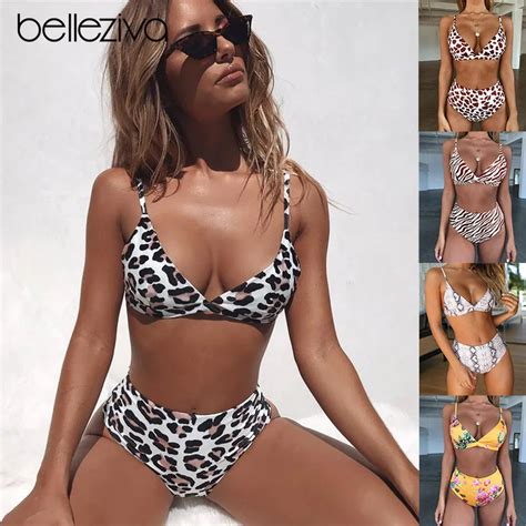 Belleziva Leopard Printed Padded High Waist Sexy Women Bikini Set Brazilian Padded Push Up
