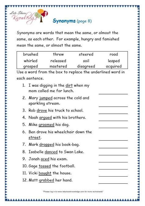 Synonyms Worksheet For Grade 3 With Answers