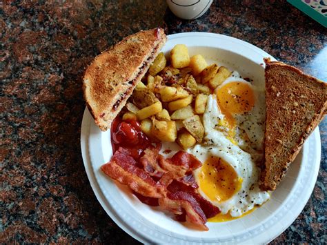 Homemade Sunday Breakfast Eggs Home Fries Bacon Toast With