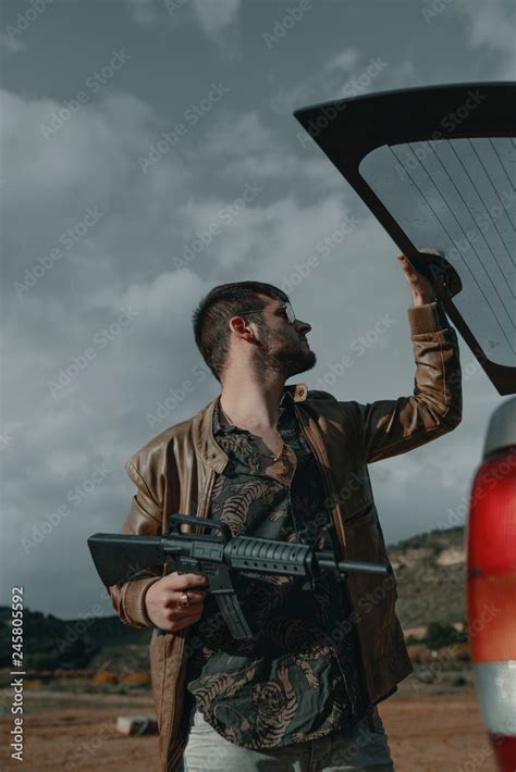 Man With A Gun Man With Assault Rifle Man With Machine Gun Stock