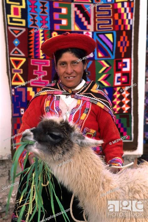 Life In Peru Cuzco In The Mountains With Native Woman And Her Llama And