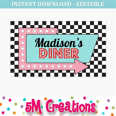 50s Diner Birthday Party Backdrop Large Sign Editable
