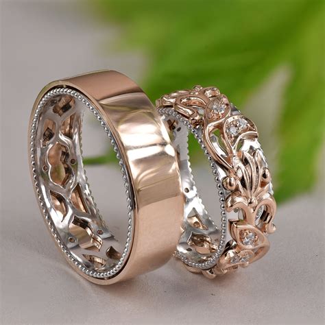 His And Hers Gold Vine Wedding Rings Wedding Band Set Matching Bands For Couples Unique Jewelry