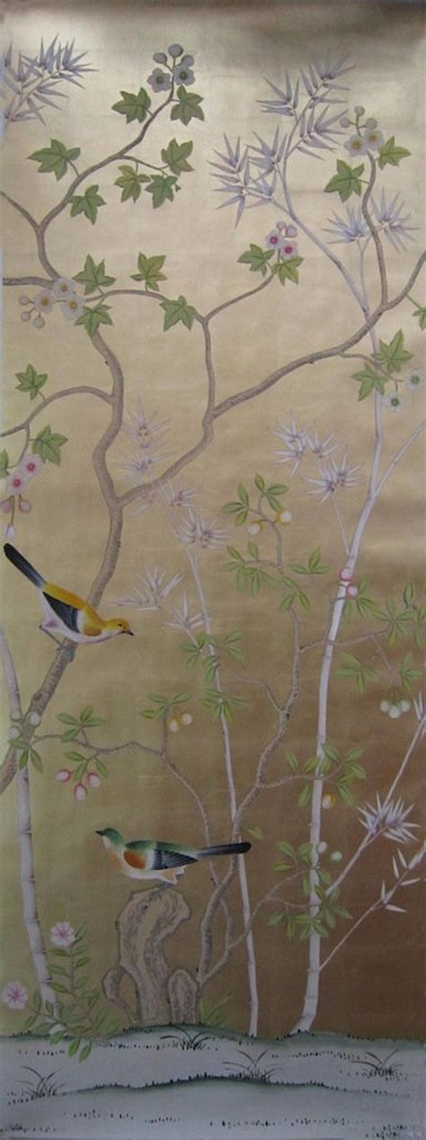 Chinoiserie Handpainted Wallpaper On Gold Metallic Leaf One Standard