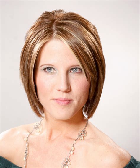 Medium Straight Layered Light Caramel Brunette Bob Haircut With Light