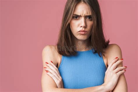Image Of Angry Brunette Woman Frowning And Standing With Arms Crossed Stock Image Image Of