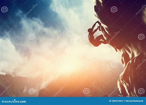 A Silhouette Of Man Climbing On Rock Mountain Stock Illustration