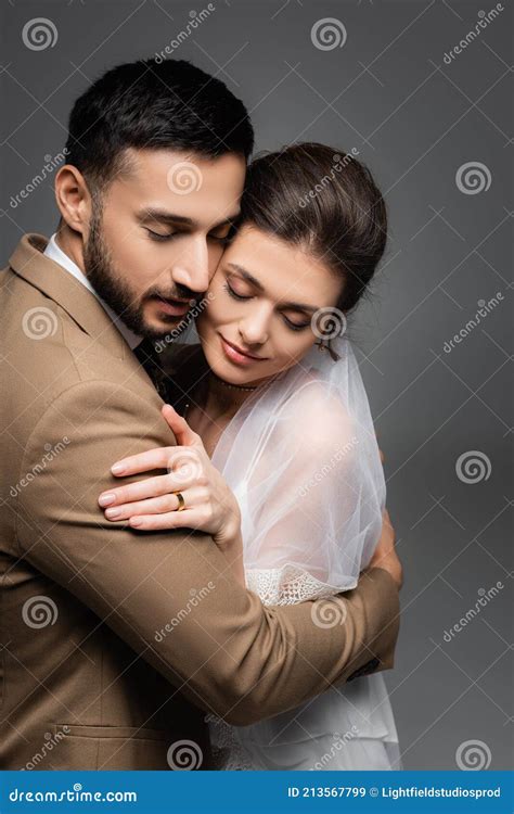 Happy Interracial Newlywed Couple Embracing With Stock Image Image Of Newlyweds Bride 213567799