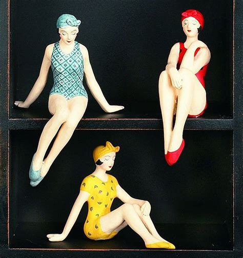 Sculpture Trio Of Miniature Bathing Beauty Figurines Bathing Beauties Colorful Bathing Suit