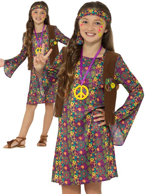 Girls 60s 70s Hippie Costume Childs Hippy Fancy Dress Kids