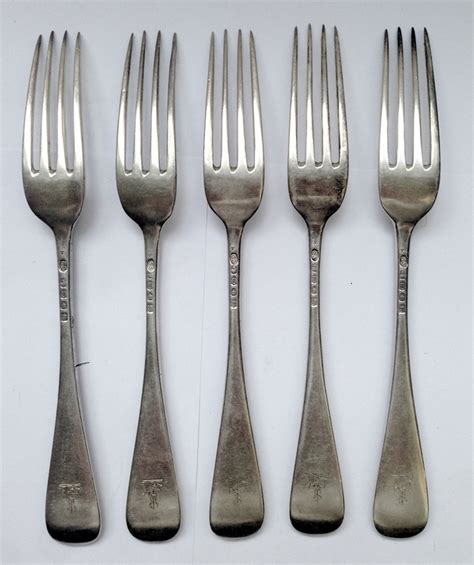 Five Antique Sterling Silver Victorian Old English Rat Tail Pattern Table Forks 1882