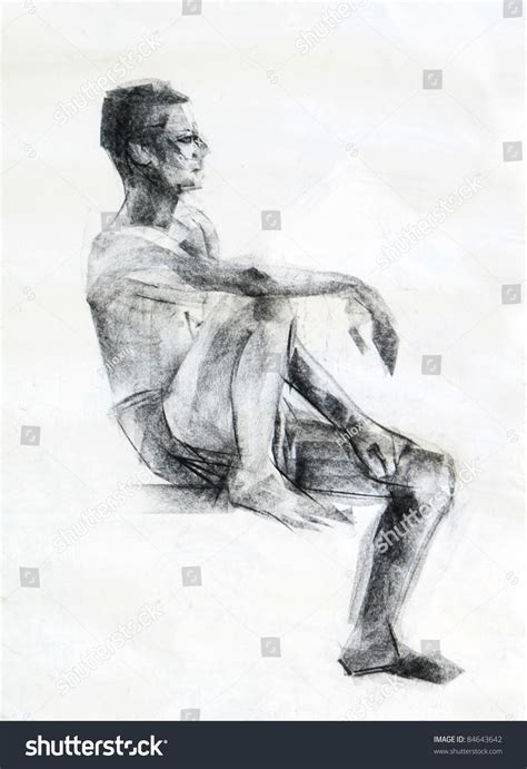 Side View Sitting Human Charcoal Drawing Stock Photo 84643642
