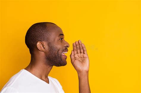 Closeup Profile Photo Of Cheerful Dark Skin Guy Good Mood Yelling Empty