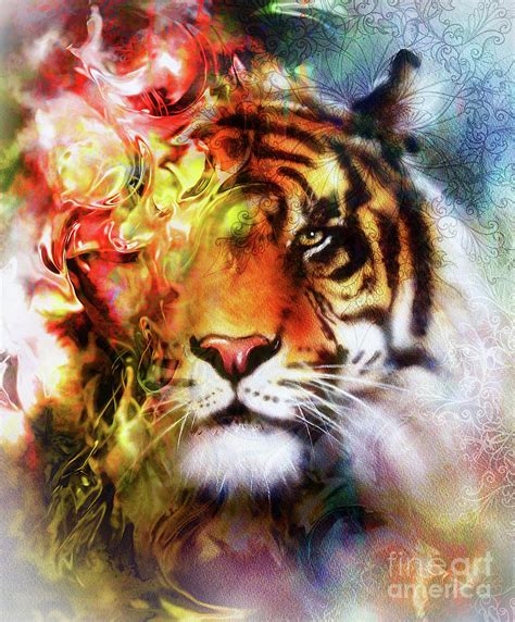 Tiger Collage On Color Abstract Background And Mandala With Ornamet