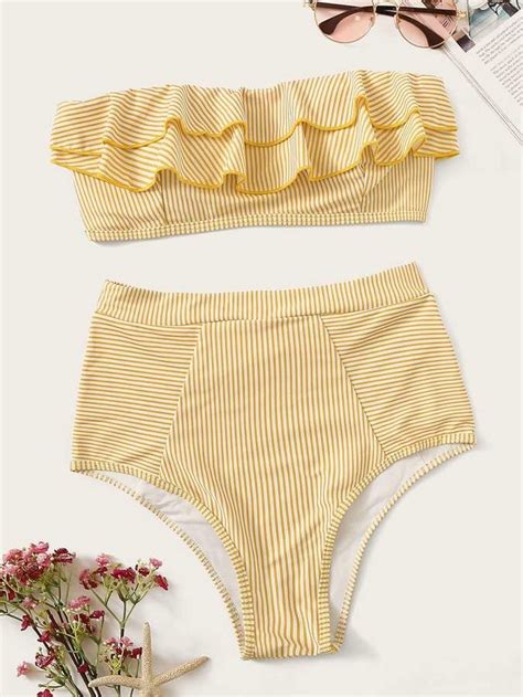 Shein Striped Ruffle Bandeau With High Waist Bikini High Waisted Bikini Bikinis Swimwear