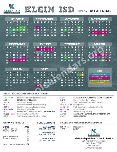 2017 2018 School Year Calendar Klein Collins High School Spring Tx