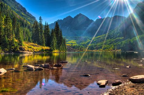 Maroon Bells Colorado Usa Scenery Mountains Lake Forests Stones