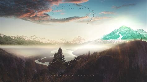 1920x1080 Photo Manipulation Mountains Clouds River Snow Sunset Concept