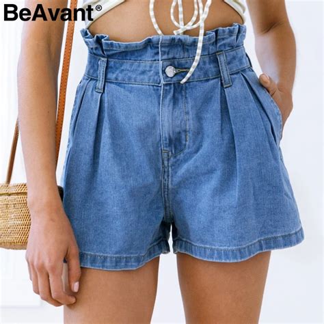 beavant 2018 high waist ruffle denim shorts women button pocket casual shorts summer loose back