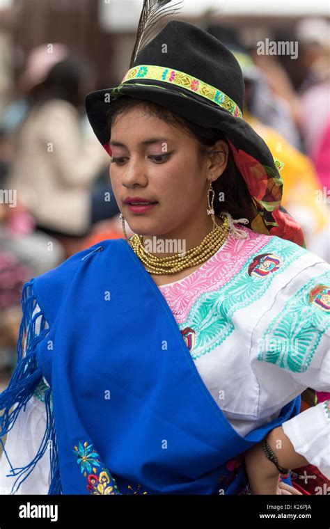 June 17 2017 Pujili Ecuador Young Indigenous Woman In Bright Color Traditional Clothing At