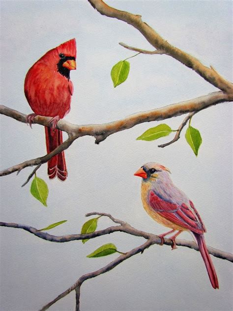 Cardinals Watercolor Original Male And Female Cardinal In A Etsy