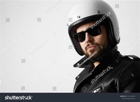 Close Portrait Biker Man Wearing White Stock Photo 1251743875