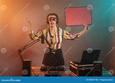 Woman Dj Holding Speech Bubble To Show Message Stock Photo Image Of