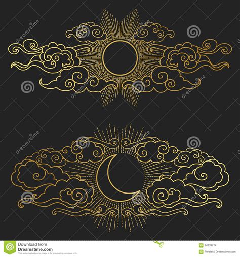 Sun E Lua No Céu Nebuloso Ilustração Desenhada Mão Do Vetor Ilustração