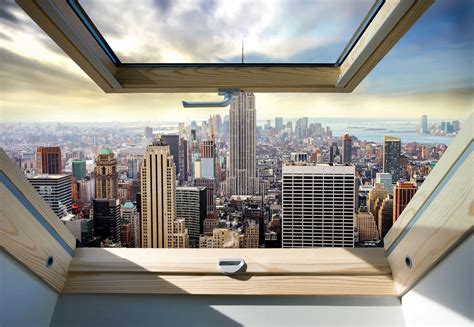 New York City Skyline 3d Skylight Window View Wall Paper Mural Buy At