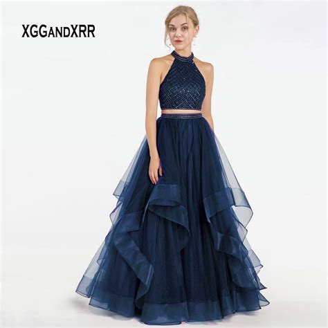 Navy Blue Two Piece Prom Dress 2019 Halter Off Shoulder Ruffle Long