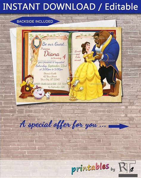 Beauty And The Beast Invitation Instant Download And Editable Etsy