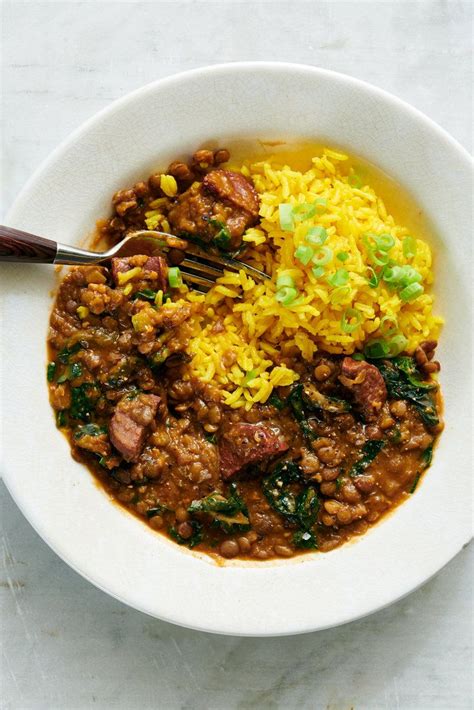 Fluff with a fork and serve. Lentils With Chorizo, Greens and Yellow Rice | Recipe ...