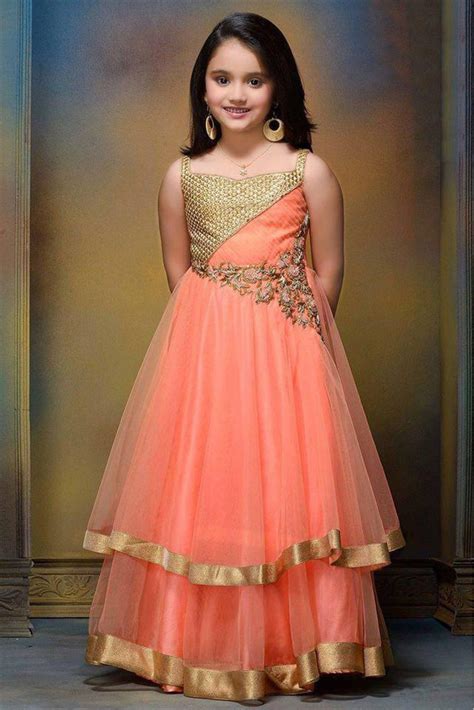 Net And Silk Party Wear Gown In Orange Colour Fancy Dress For Kids