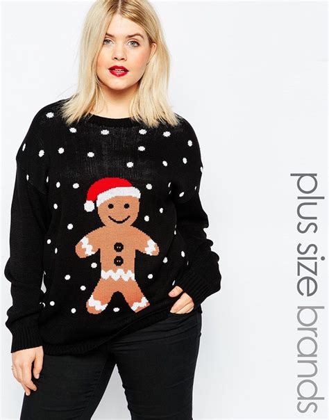 Club L Plus Gingerbread Man Christmas Jumper Thick Sweaters Plus Size Sweaters Black Jumper