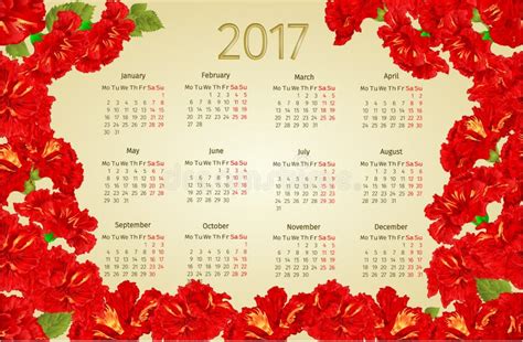 Haga Calendarios 2017 Con Vector Rojo Del Vintage De Las Flores Del