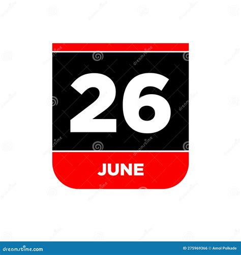 26th June Calendar Date Vector Icon 26 June Lettering Stock Vector