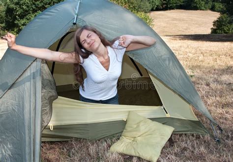 Woman Tent Camping Stock Photo Image Of Hanging Portrait