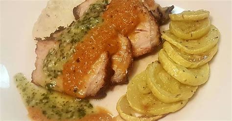 Seared Garlic Rosemary Tenderloin With Ny First Chimichurri And Roasted Red Pepper Sauces Baked