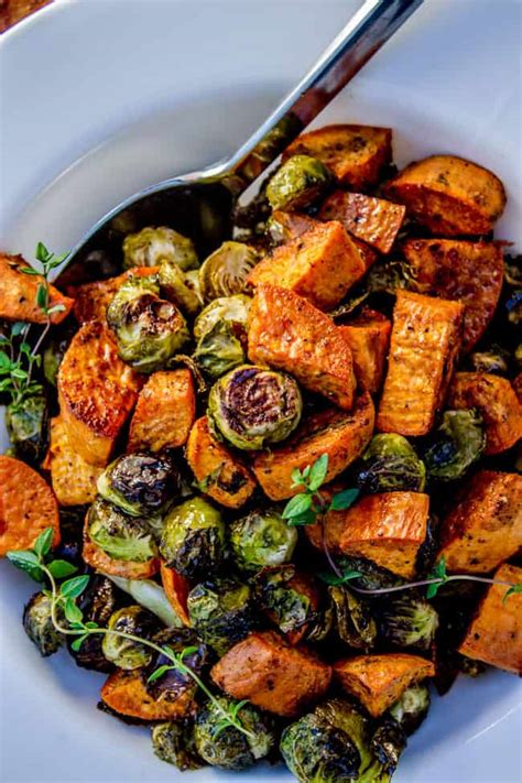 It's super quick and easy to make, and also customize with whatever seasonings you love. Roasted Sweet Potatoes and Brussels Sprouts - The Food ...